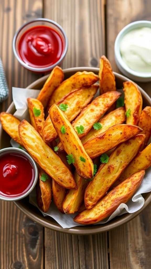 Crispy golden Jojo potato wedges in a bowl with dipping sauces on a wooden table.